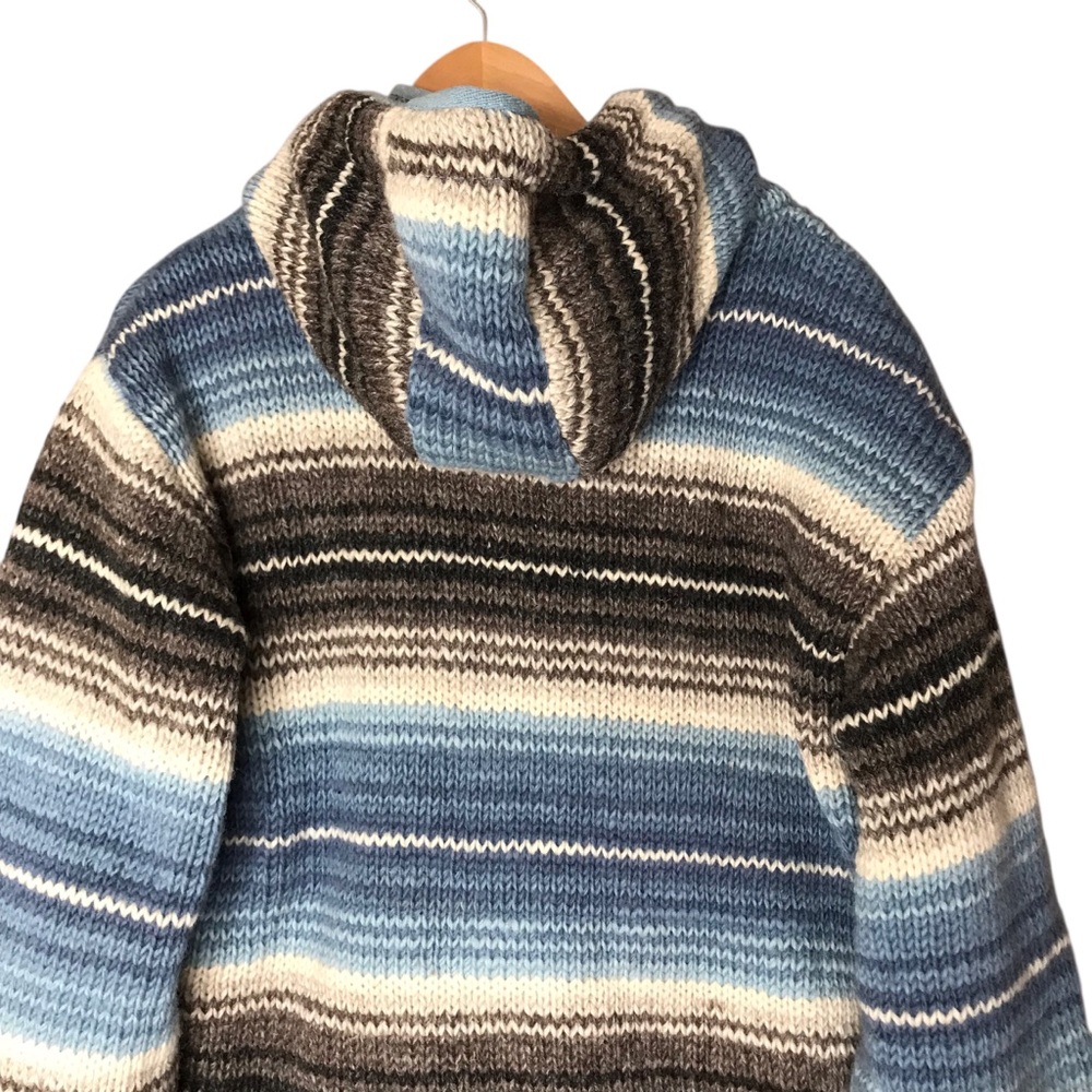 Laundromat Striped Blue Brown Cream Full Zip Wool Sweater Jacket Unisex Large - Picture 8 of 11